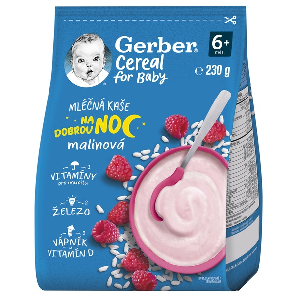 Gerber Cereální mléčná kaše na dobrou noc s malinou 6+ měsíců 230 g