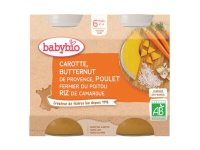 Babybio Mrkev s máslovou dýní, kuřetem a rýží 2x200 g