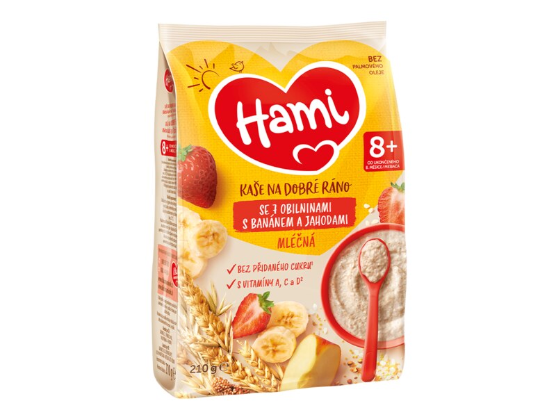 Hami Mléčná kaše na dobré ráno 7 obilovin s banánem a jahodou 210 g