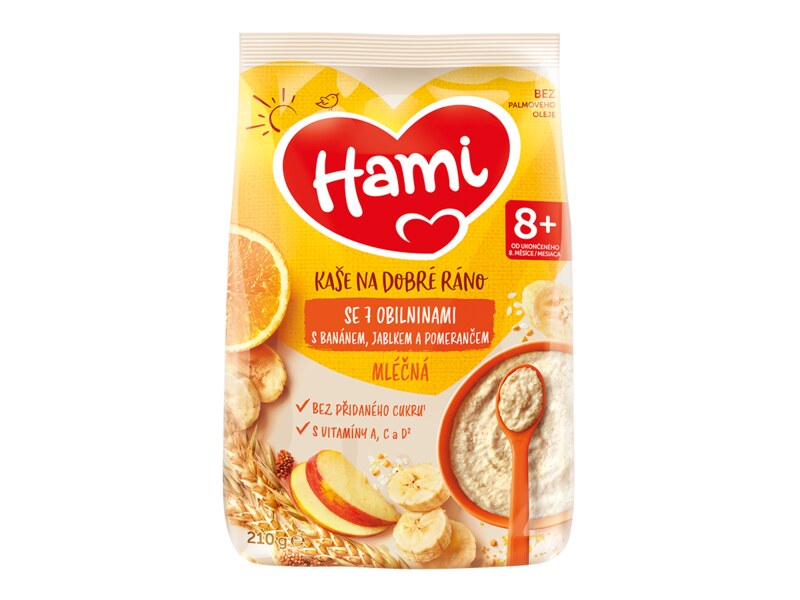Hami Mléčná kaše na dobré ráno 7 obilovin s banánem, jablkem a pomerančem 210 g