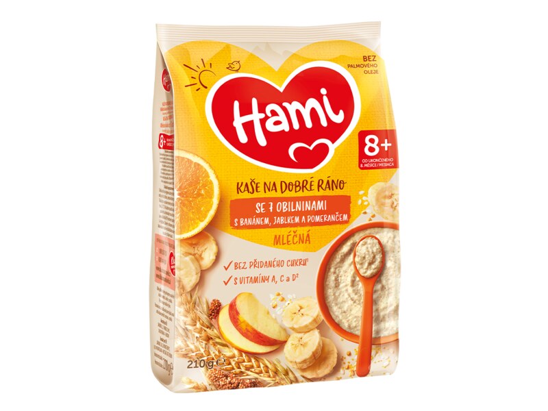 Hami Mléčná kaše na dobré ráno 7 obilovin s banánem, jablkem a pomerančem 210 g