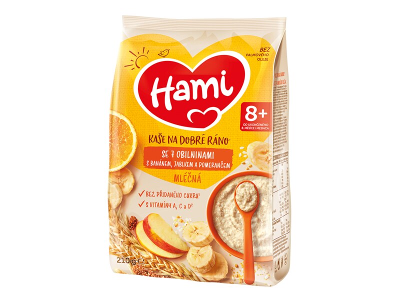 Hami Mléčná kaše na dobré ráno 7 obilovin s banánem, jablkem a pomerančem 210 g