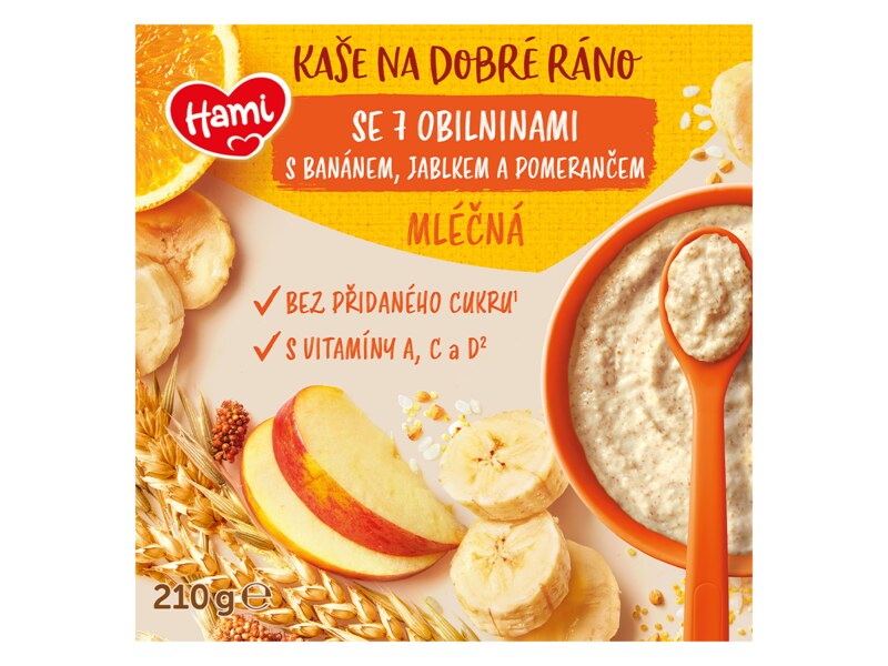 Hami Mléčná kaše na dobré ráno 7 obilovin s banánem, jablkem a pomerančem 210 g