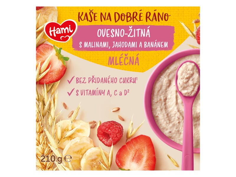 Hami Mléčná kaše na dobré ráno oves a žito s malinami a jahodami 210 g