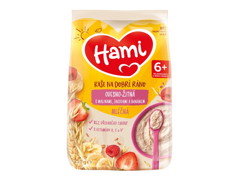 Hami Mléčná kaše na dobré ráno oves a žito s malinami a jahodami 210 g