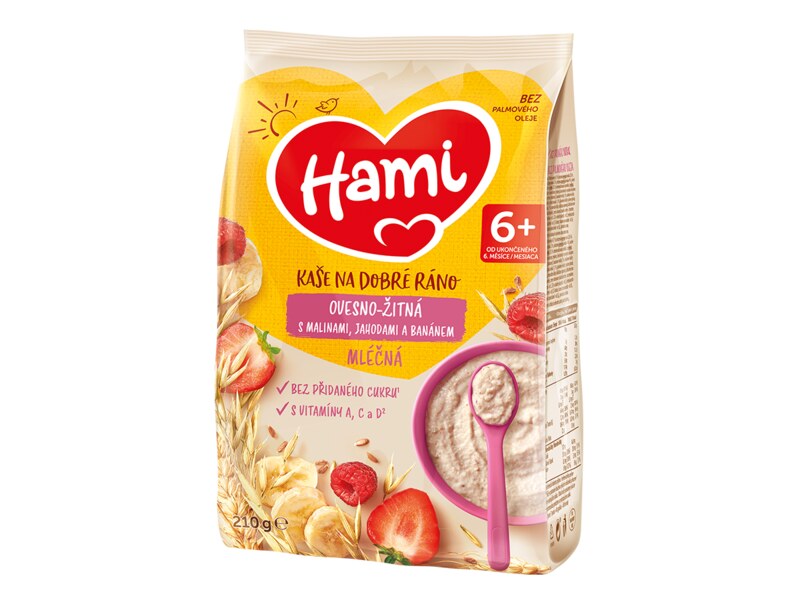 Hami Mléčná kaše na dobré ráno oves a žito s malinami a jahodami 210 g