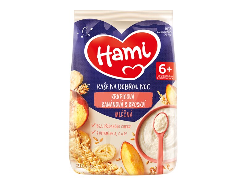 Hami Mléčná kaše na dobrou noc krupice s banánem a broskví 210 g