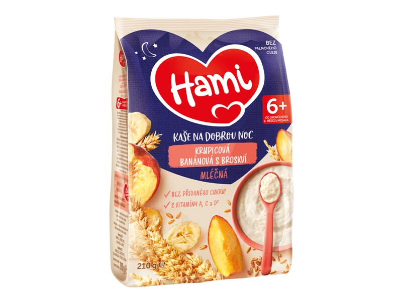 Hami Mléčná kaše na dobrou noc krupice s banánem a broskví 210 g
