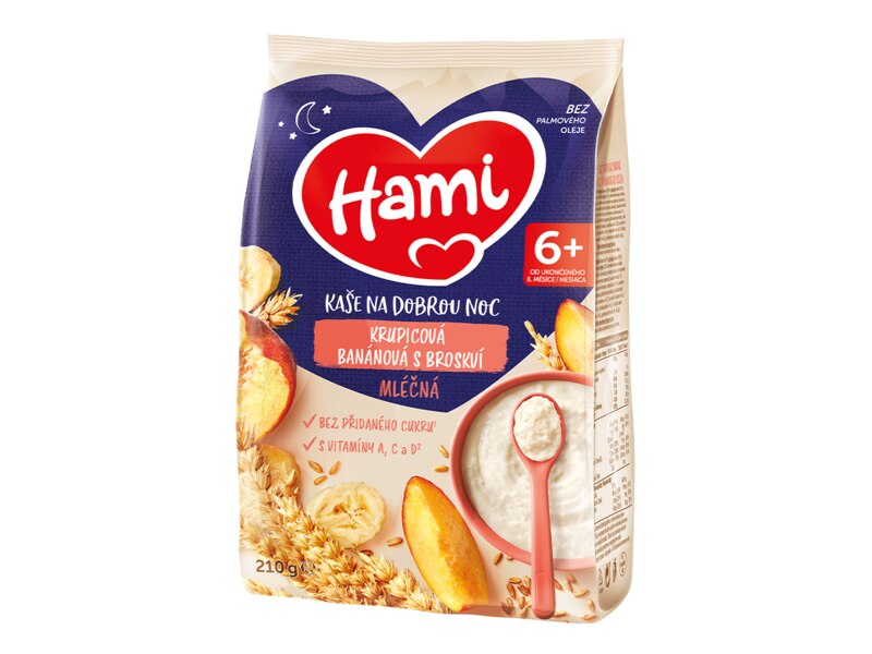 Hami Mléčná kaše na dobrou noc krupice s banánem a broskví 210 g