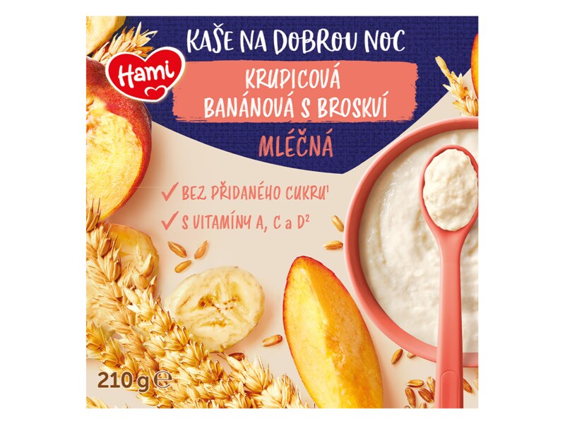 Hami Mléčná kaše na dobrou noc krupice s banánem a broskví 210 g