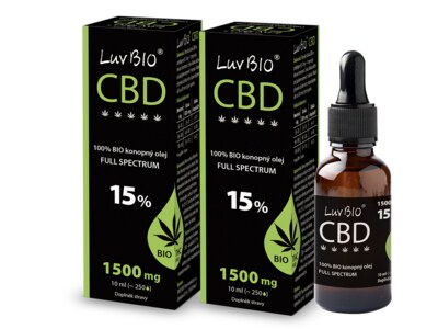 Luvbio CBD 15 % BIO konopný olej 10 ml 1+1 ZDARMA Luvbio CBD 15 % BIO konopný olej 10 ml 1+1 ZDARMA