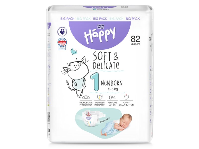 Bella Baby Happy Soft&Delicate Newborn vel. 1 (2-5 kg) big pack 82 ks