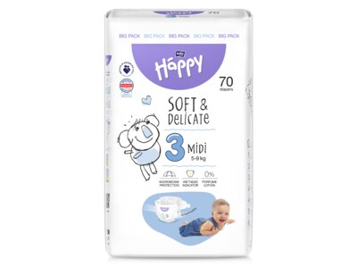 Bella Baby Happy Soft&Delicate Midi vel. 3 (5-9 kg) big pack 70 ks Bella Baby Happy Soft&Delicate Midi vel. 3 (5-9 kg) big pack 70 ks