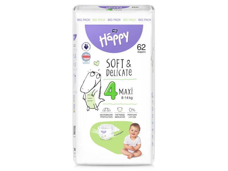 Bella Baby Happy Soft&Delicate Maxi vel. 4 (8-14 kg) big pack 62 ks Bella Baby Happy Soft&Delicate Maxi vel. 4 (8-14 kg) big pack 62 ks