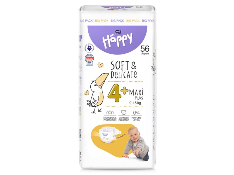 Bella Baby Happy Soft&Delicate Maxi Plus vel. 4+ (9-15 kg) big pack 56 ks Bella Baby Happy Soft&Delicate Maxi Plus vel. 4+ (9-15 kg) big pack 56 ks