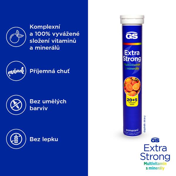 GS Extra Strong Multivitamin a minerál s příchutí pomeranče 20 + 5 šumivých tablet GS Extra Strong Multivitamin a minerál s příchutí pomeranče 20 + 5 šumivých tablet