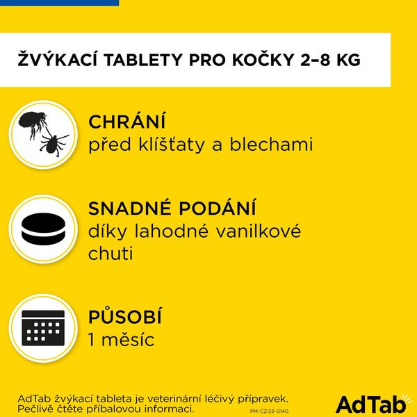 AdTab Žvýkací tablety proti blechám a klíšťatům kočky 48 mg (2-8 kg) 1 ks AdTab Žvýkací tablety proti blechám a klíšťatům kočky 48 mg (2-8 kg) 1 ks