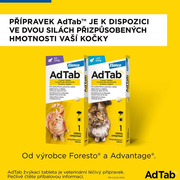 AdTab Žvýkací tablety proti blechám a klíšťatům kočky 48 mg (2-8 kg) 1 ks AdTab Žvýkací tablety proti blechám a klíšťatům kočky 48 mg (2-8 kg) 1 ks