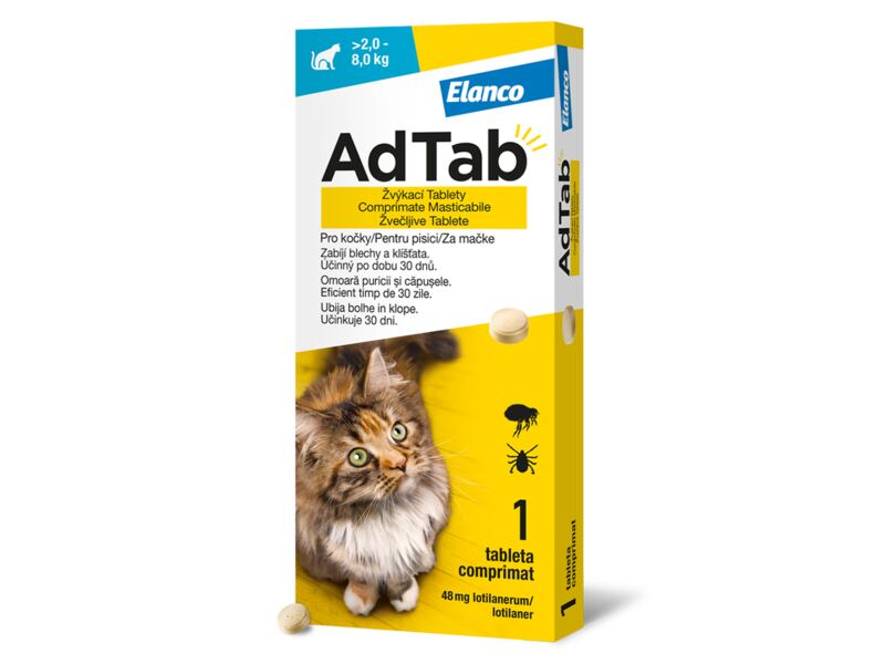 AdTab Žvýkací tablety proti blechám a klíšťatům kočky 48 mg (2-8 kg) 1 ks AdTab Žvýkací tablety proti blechám a klíšťatům kočky 48 mg (2-8 kg) 1 ks