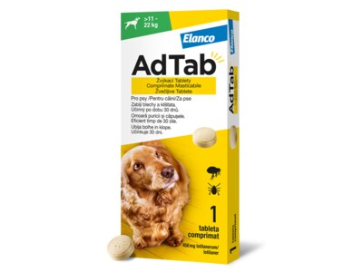 AdTab Žvýkací tablety proti blechám a klíšťatům psi 450 mg (11-22 kg) 1 ks AdTab Žvýkací tablety proti blechám a klíšťatům psi 450 mg (11-22 kg) 1 ks