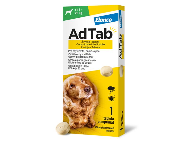 AdTab Žvýkací tablety proti blechám a klíšťatům psi 450 mg (11-22 kg) 1 ks