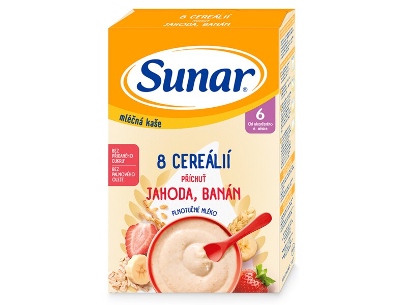 Sunar mléčná kaše 8 cereálií s příchutí jahody a banánu 210 g Sunar mléčná kaše 8 cereálií s příchutí jahody a banánu 210 g