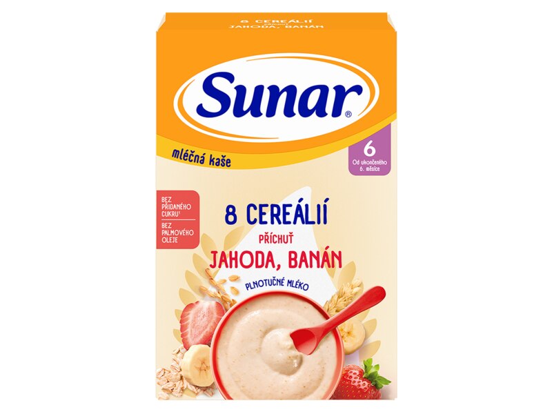 Sunar mléčná kaše 8 cereálií s příchutí jahody a banánu 210 g Sunar mléčná kaše 8 cereálií s příchutí jahody a banánu 210 g