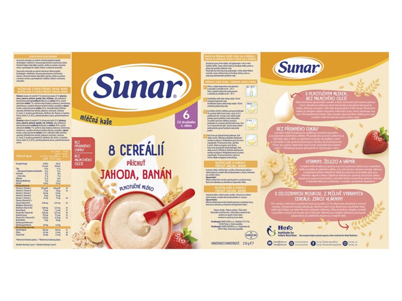 Sunar mléčná kaše 8 cereálií s příchutí jahody a banánu 210 g