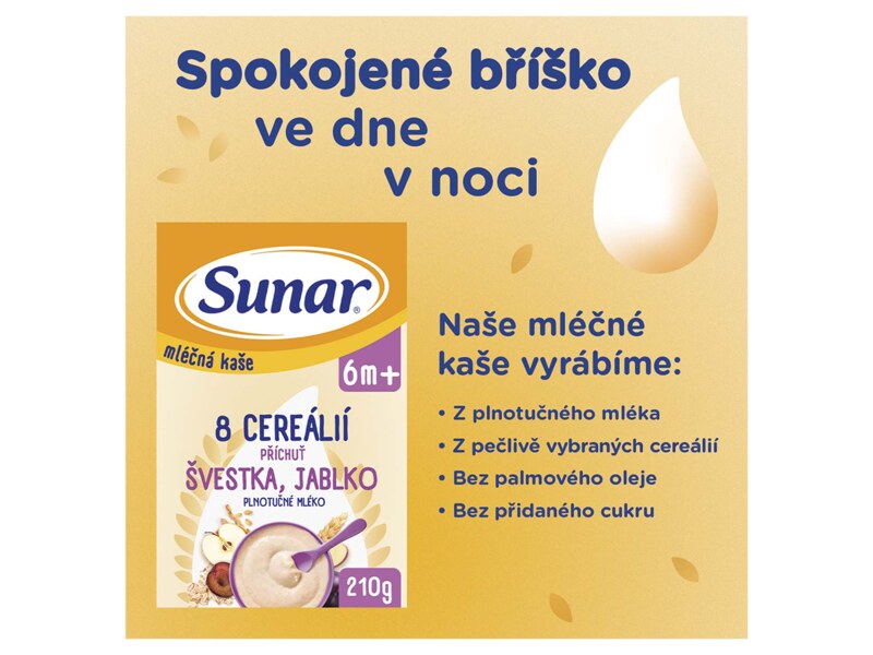 Sunar mléčná kaše 8 cereálií s příchutí švestky a jablka 210 g