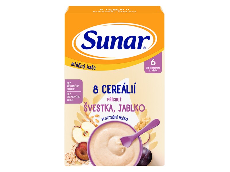 Sunar mléčná kaše 8 cereálií s příchutí švestky a jablka 210 g