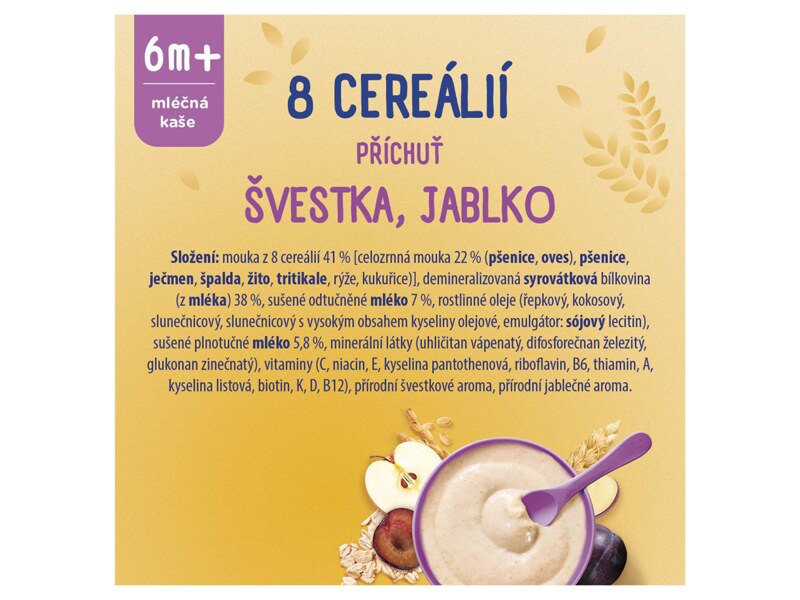 Sunar mléčná kaše 8 cereálií s příchutí švestky a jablka 210 g