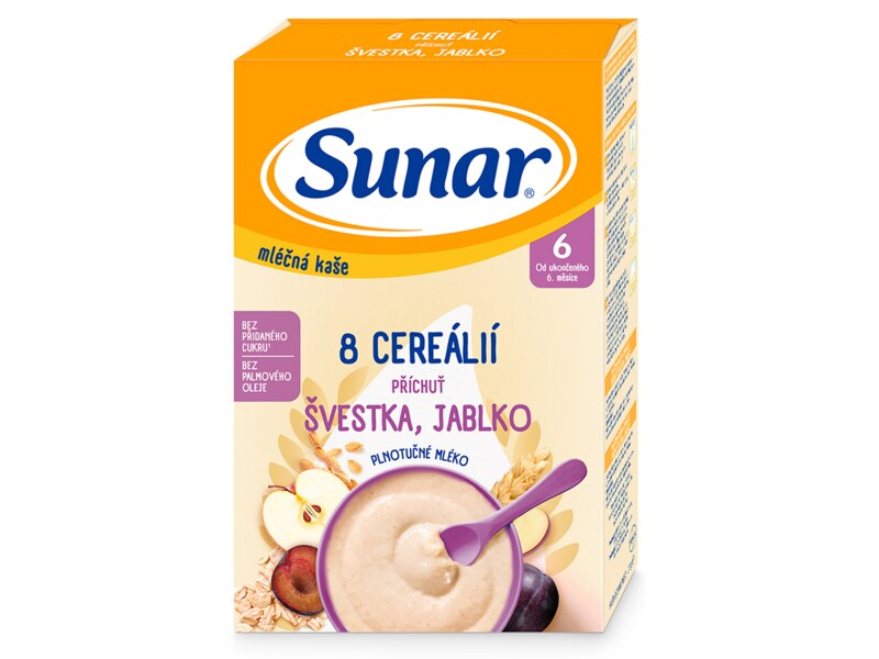 Sunar mléčná kaše 8 cereálií s příchutí švestky a jablka 210 g