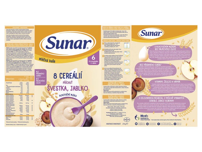 Sunar mléčná kaše 8 cereálií s příchutí švestky a jablka 210 g