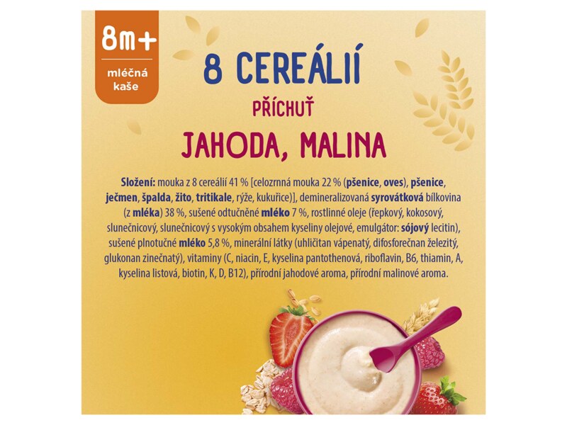 Sunar mléčná kaše 8 cereálií s příchutí jahody a maliny 210 g
