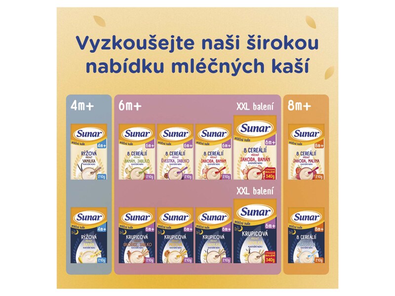 Sunar mléčná kaše 8 cereálií s příchutí jahody a maliny 210 g