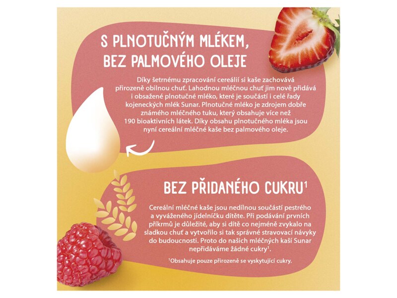 Sunar mléčná kaše 8 cereálií s příchutí jahody a maliny 210 g