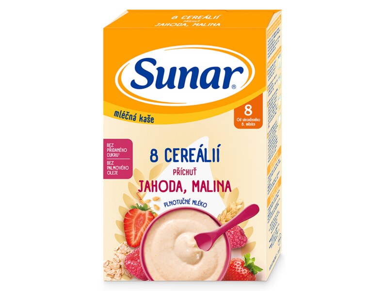 Sunar mléčná kaše 8 cereálií s příchutí jahody a maliny 210 g