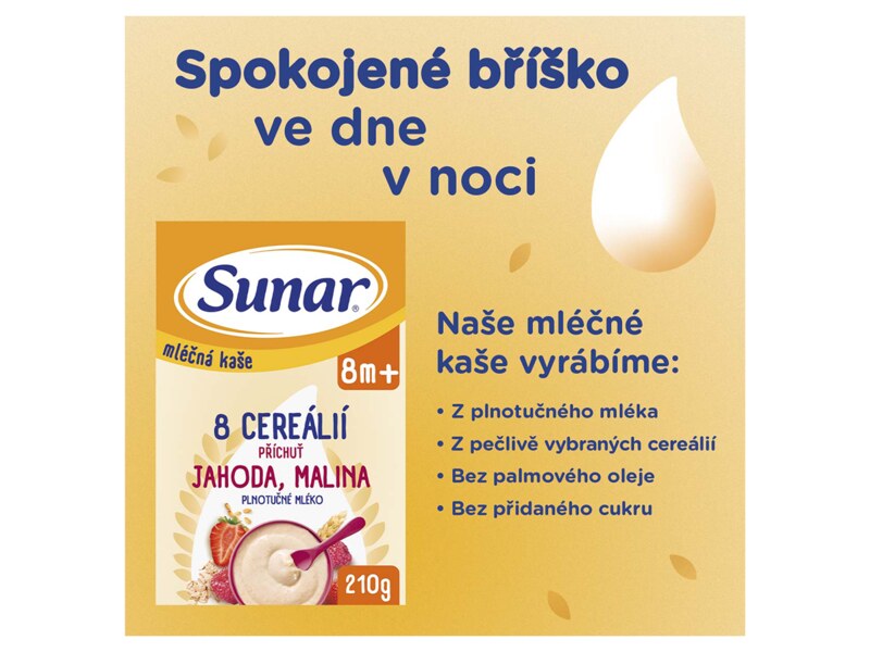 Sunar mléčná kaše 8 cereálií s příchutí jahody a maliny 210 g