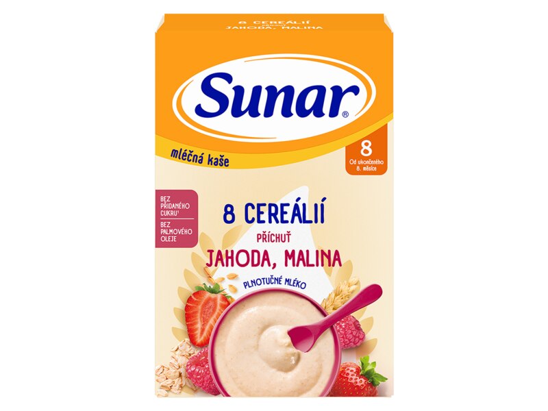 Sunar mléčná kaše 8 cereálií s příchutí jahody a maliny 210 g