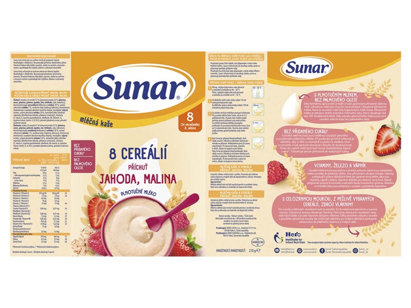Sunar mléčná kaše 8 cereálií s příchutí jahody a maliny 210 g