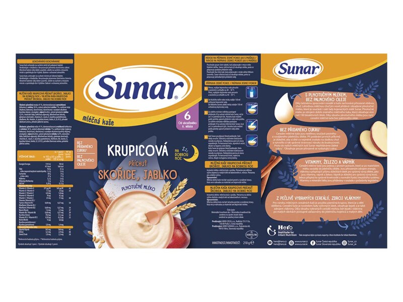 Sunar mléčná kaše na dobrou noc krupicová s příchutí skořice a jablka 210 g