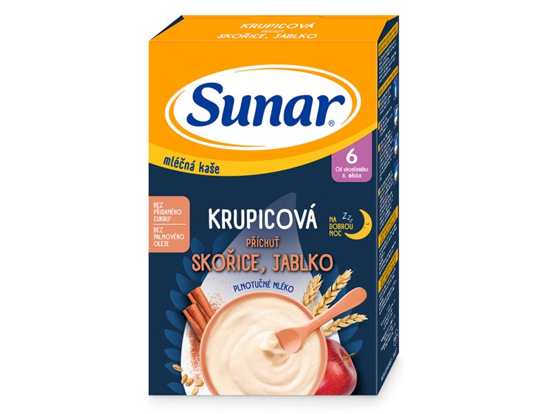 Sunar mléčná kaše na dobrou noc krupicová s příchutí skořice a jablka 210 g