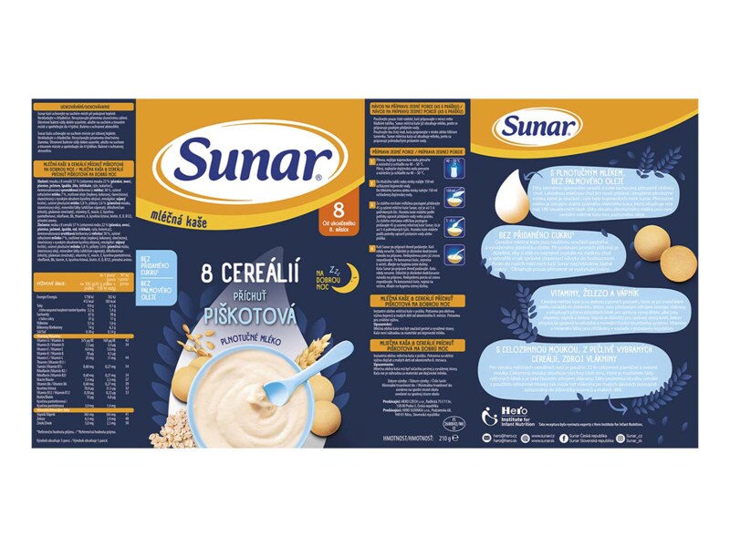 Sunar mléčná kaše 8 cereálií na dobrou noc s příchutí piškotu 210 g