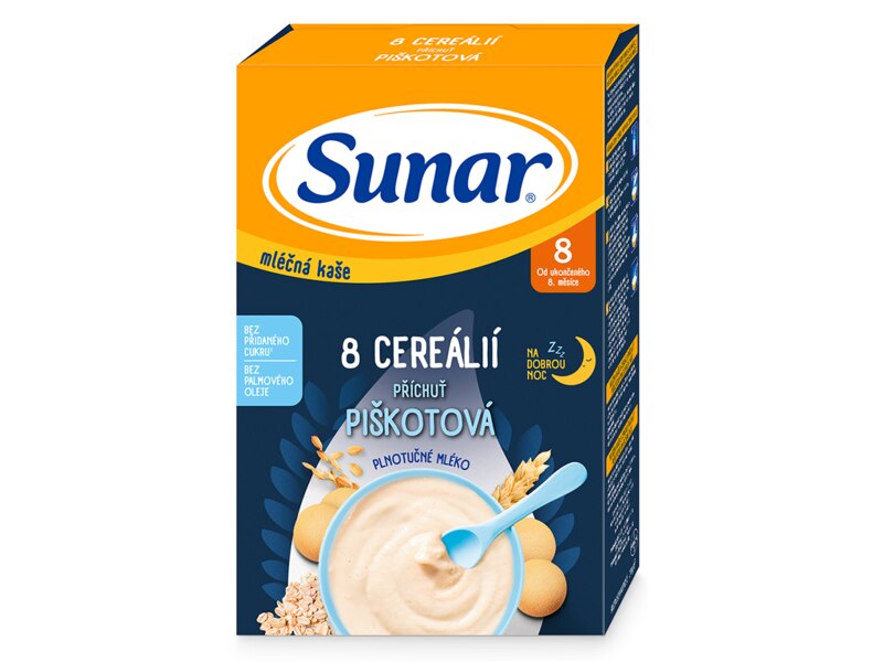 Sunar mléčná kaše 8 cereálií na dobrou noc s příchutí piškotu 210 g