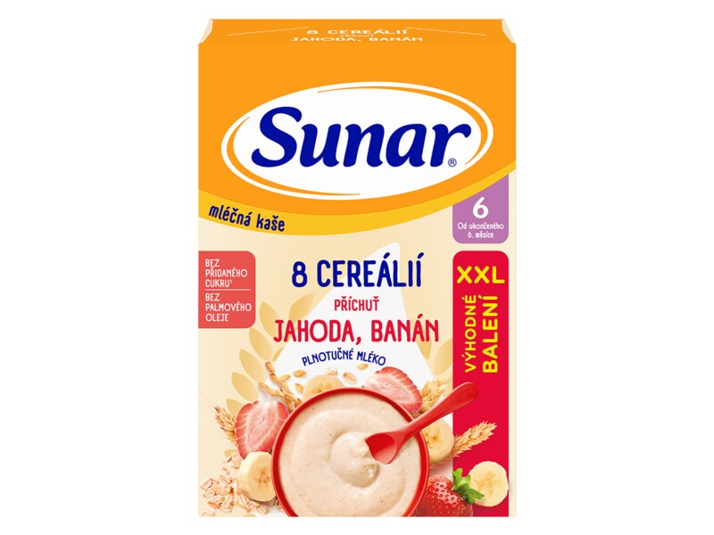 Sunar mléčná kaše 8 cereálií s příchutí jahody a banánu 340 g