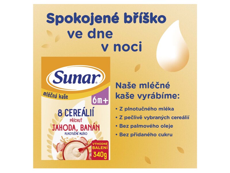Sunar mléčná kaše 8 cereálií s příchutí jahody a banánu 340 g