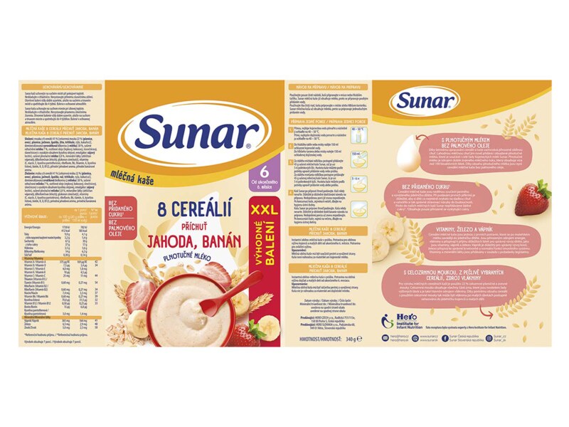 Sunar mléčná kaše 8 cereálií s příchutí jahody a banánu 340 g