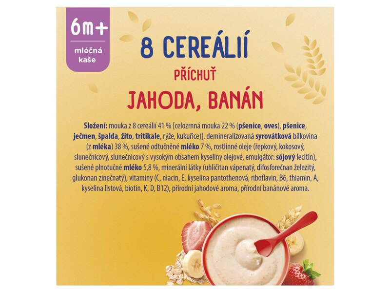 Sunar mléčná kaše 8 cereálií s příchutí jahody a banánu 340 g
