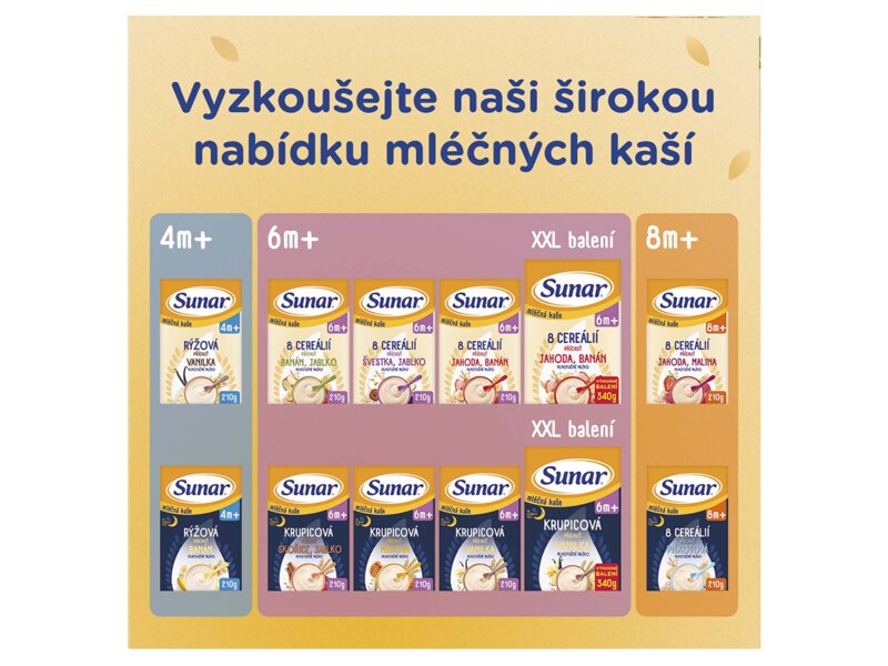 Sunar mléčná kaše 8 cereálií s příchutí jahody a banánu 340 g