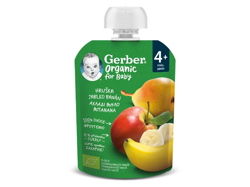 Gerber Kapsička hruška jablko a banán BIO 4+ měsíců 90 g Gerber Kapsička hruška jablko a banán BIO 4+ měsíců 90 g